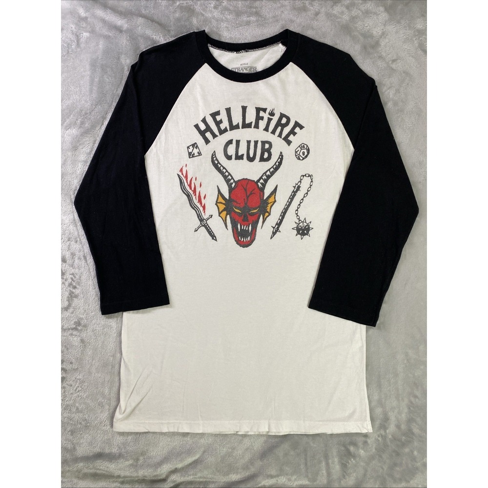 Stranger Things Hellfire Club Shirt Mens Medium White Black Raglan Baseball Tee